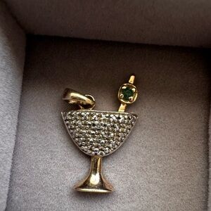 Gold Cocktail Glass Diamond Pendant with Green Accent